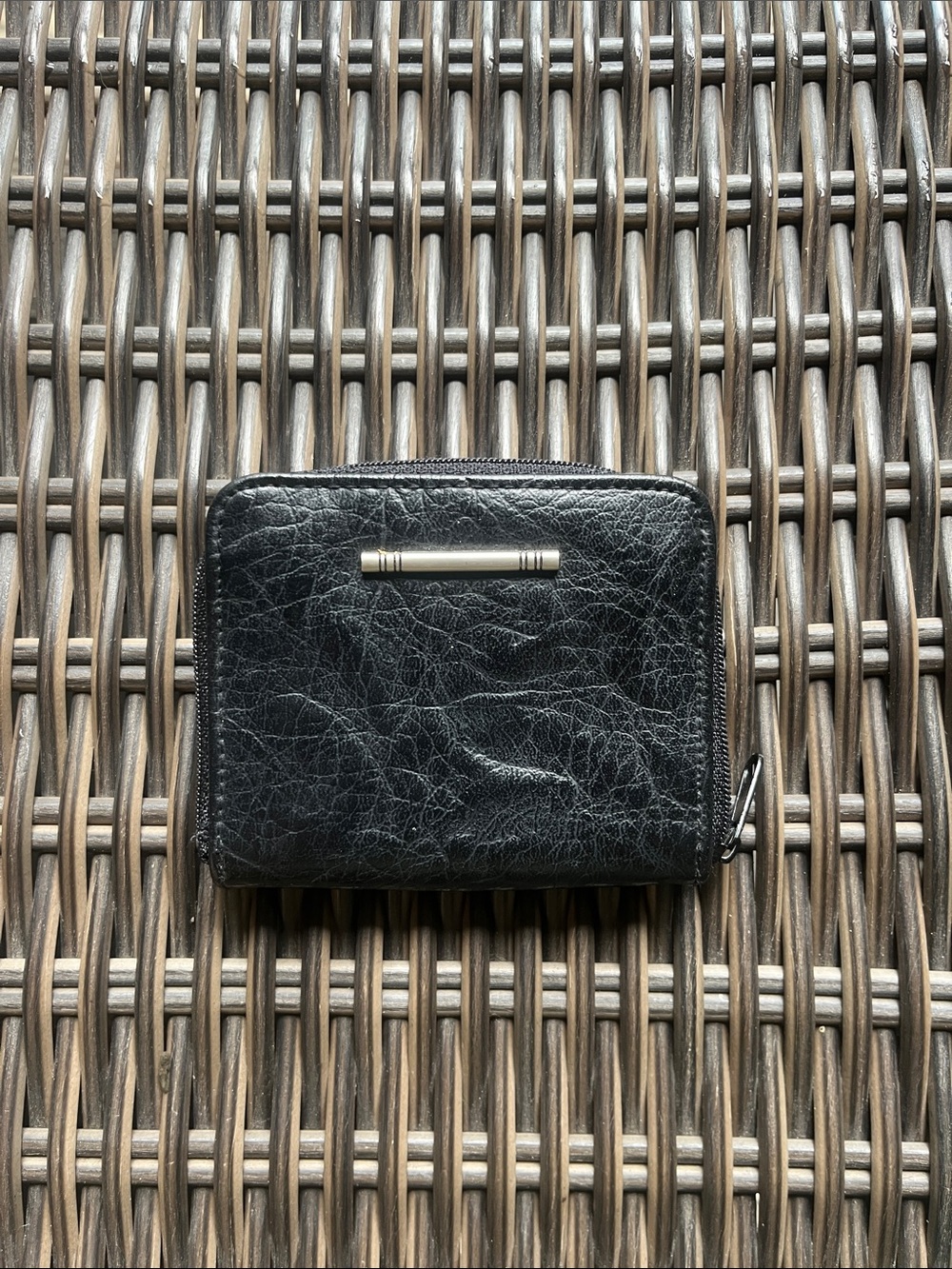 Men's Black Leather Zip Card Holder with Metal Accent